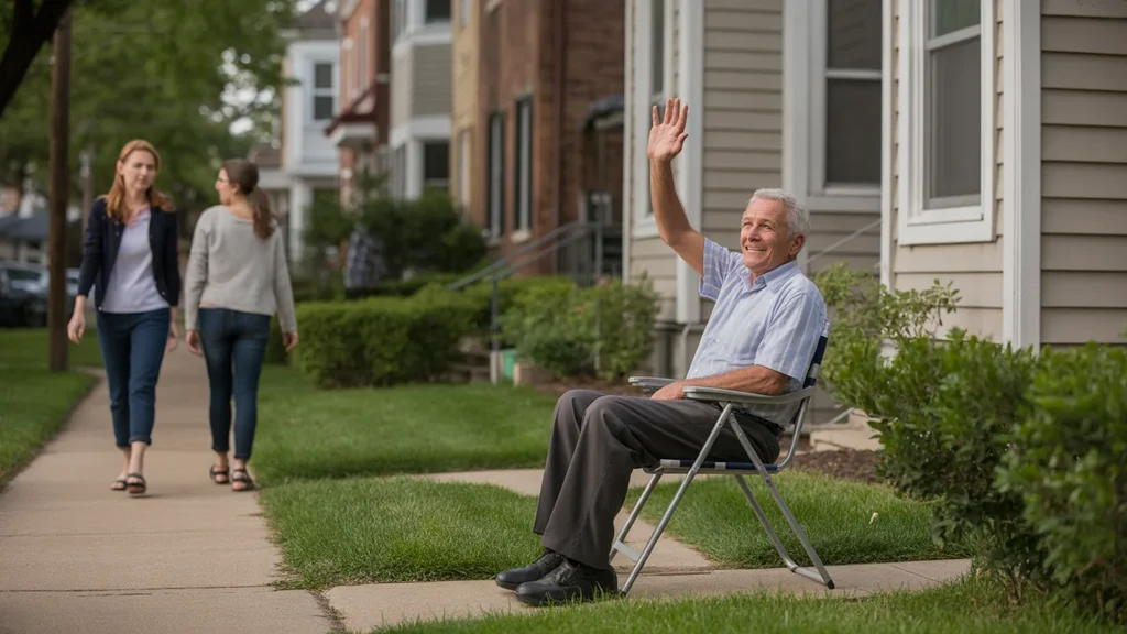 Man on apartment patio in Madison waves to passing neighbors