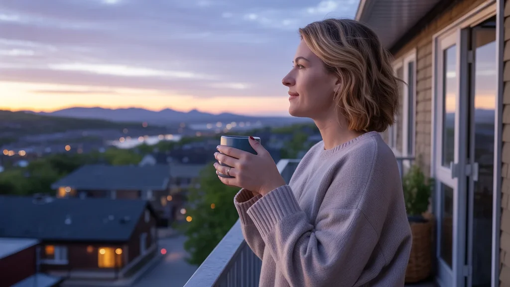Woman looks at the view of Ontario, CA from her apartment balcony at sunset
