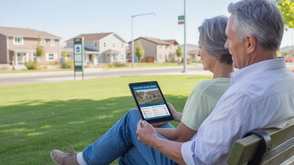 Couple comparing real estate and cost of living data on a tablet in a West Jordan park