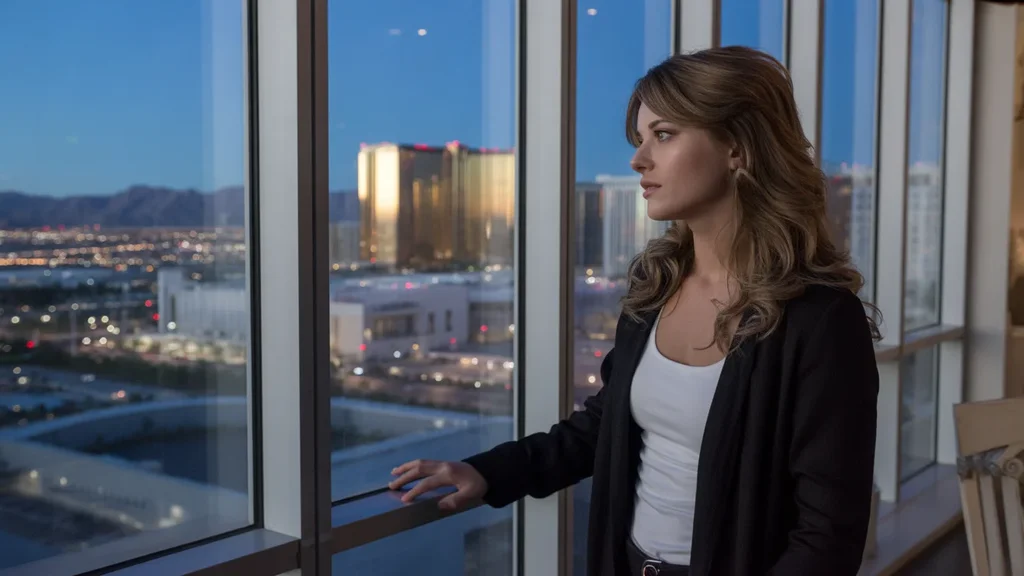 Woman gazing out high-rise window at Las Vegas city lights, looking pensive