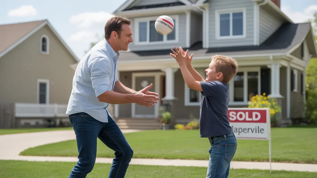 Father and son enjoying the spacious yard of their Naperville home on a nice day