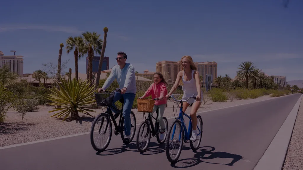Family biking on trail in Las Vegas with resorts in background