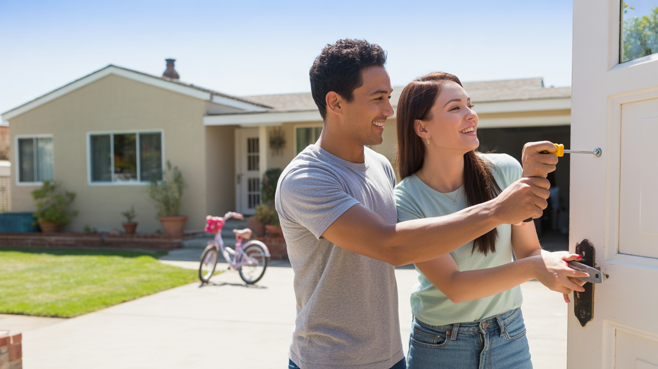 Couple fixing loose door handle on their home in Garden Grove, CA
