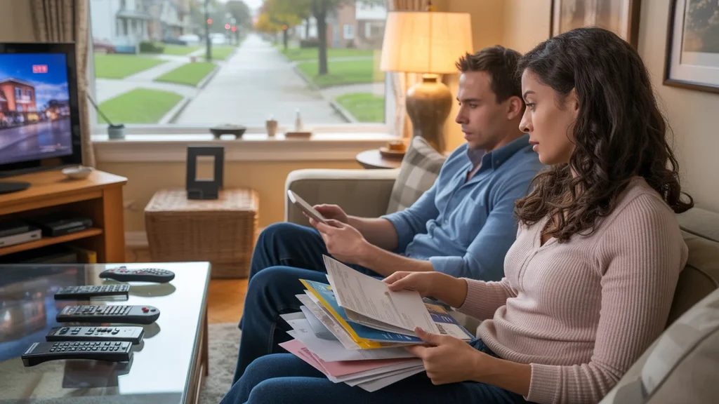 A couple in their Naperville living room deciding on streaming options while reviewing monthly bills