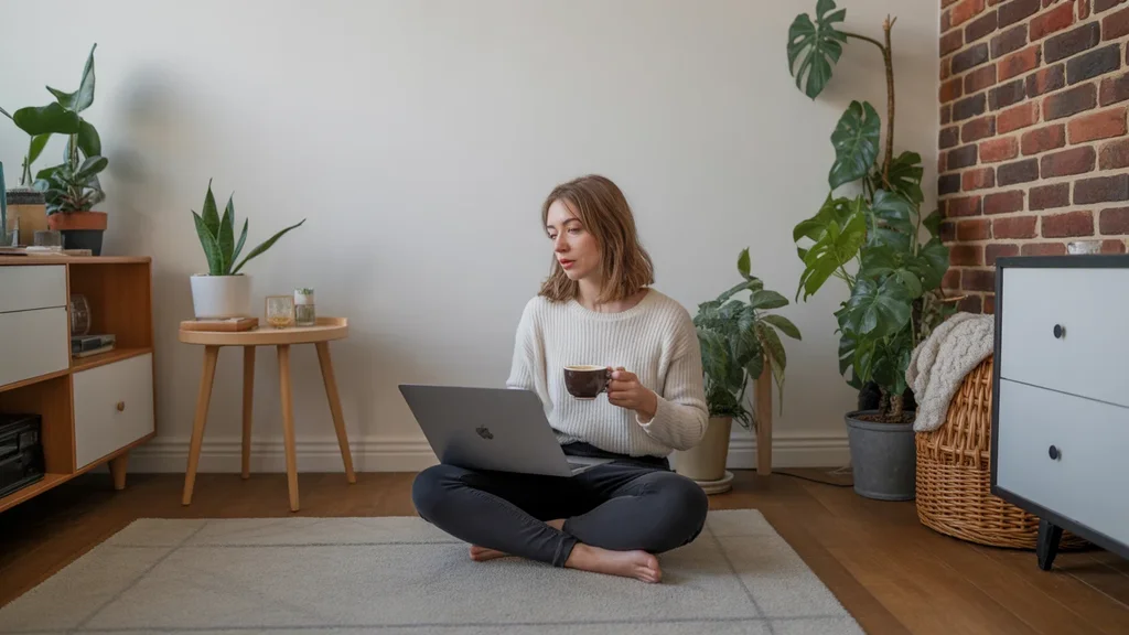 Woman works on laptop in her cozy Durham studio apartment