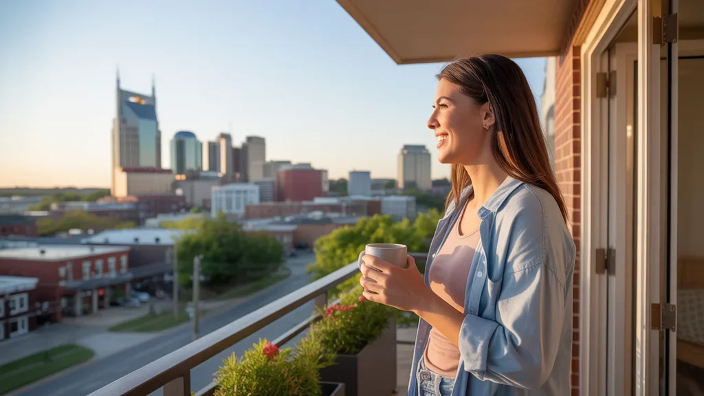 A woman savors the skyline view from her apartment balcony in Nashville, TN