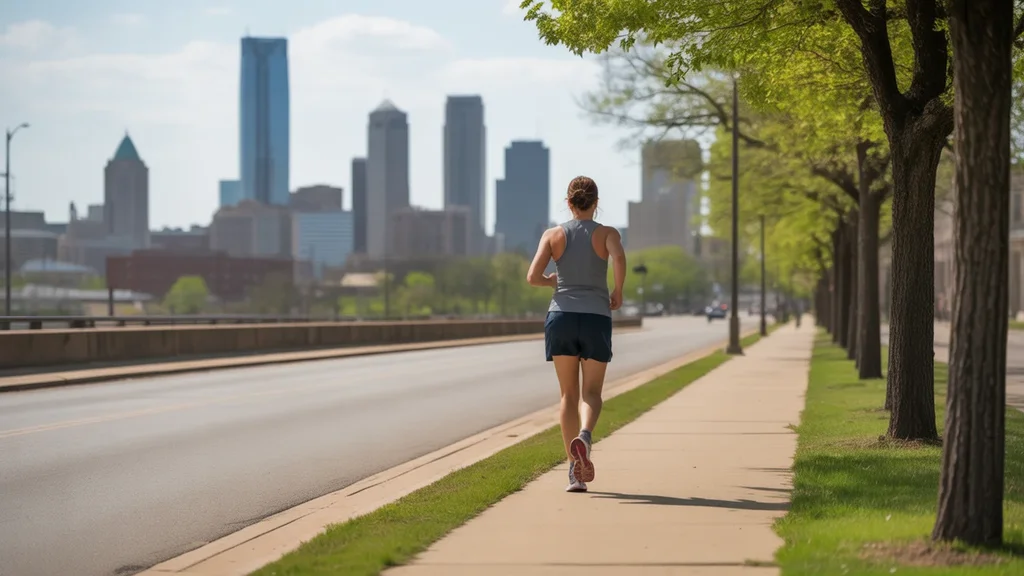 Person jogging on sidewalk with view of Oklahoma City skyline