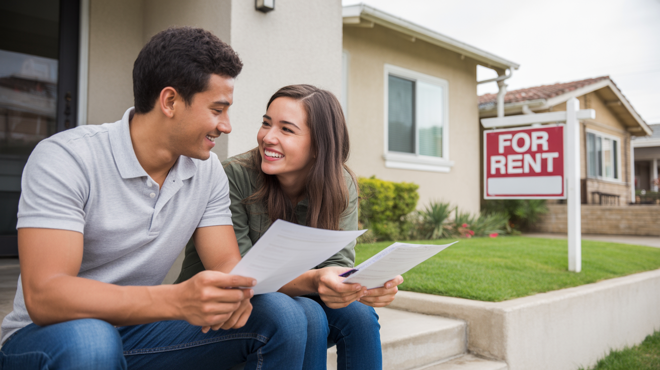 Couple reviewing paperwork while sitting on apartment steps, house for rent next door