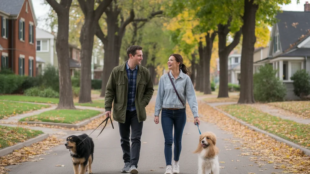 Friends walking dogs on a residential street in Westminster, CO