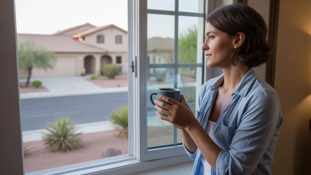 Woman drinking coffee and looking out her window in Sunrise Manor