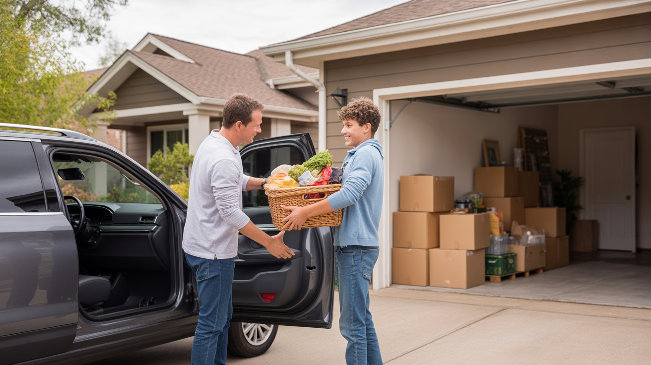 Father and son unpack groceries at their new home in Highlands Ranch, Colorado