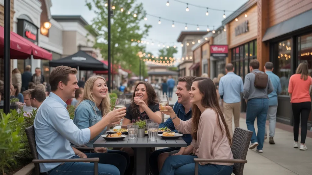 Friends dining on a restaurant patio in a bustling Hermitage shopping center
