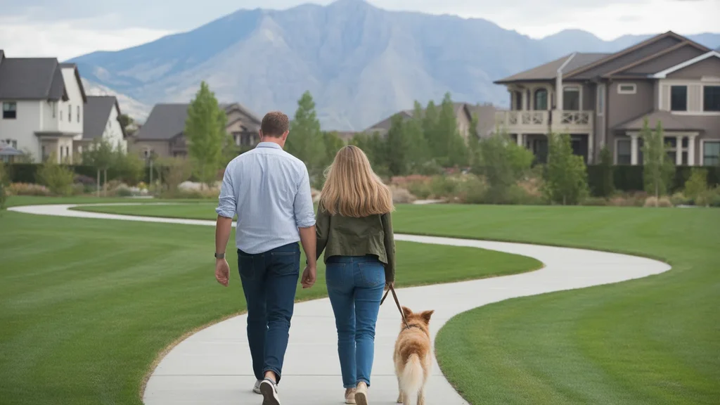 A couple enjoys walking their dog in a scenic Sandy, Utah park