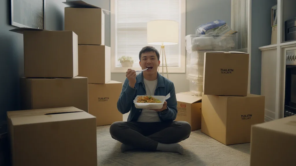 Person eating takeout on floor of Tualatin apartment with moving boxes