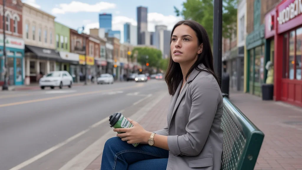 A woman waits for a bus on an Aurora street with local businesses and the Denver skyline behind her.