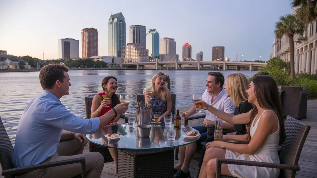 Friends dining out on the Tampa Riverwalk with city skyline views