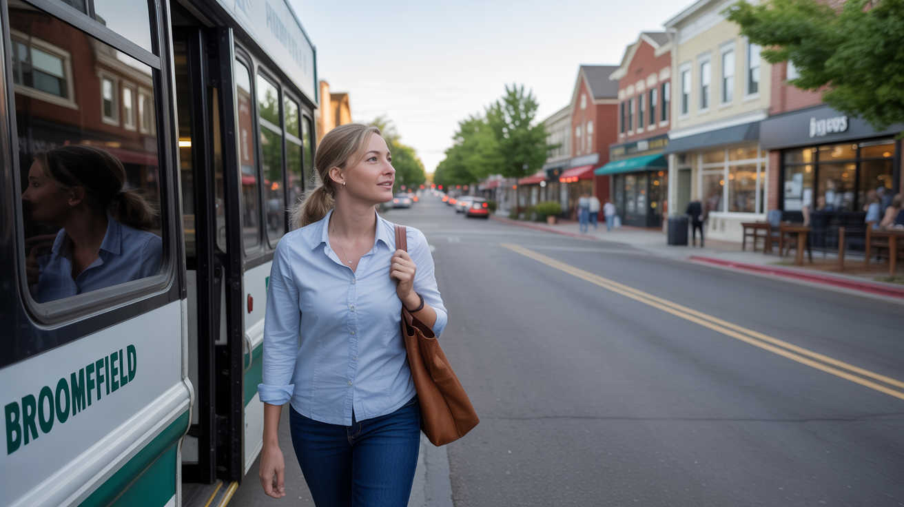 A woman commutes home by bus to Broomfield, pausing to take in the vibrant downtown scene.