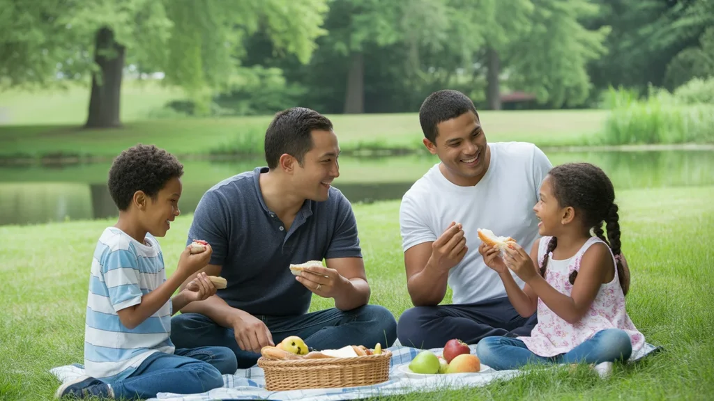 Family picnics at sunny park in Tualatin Oregon