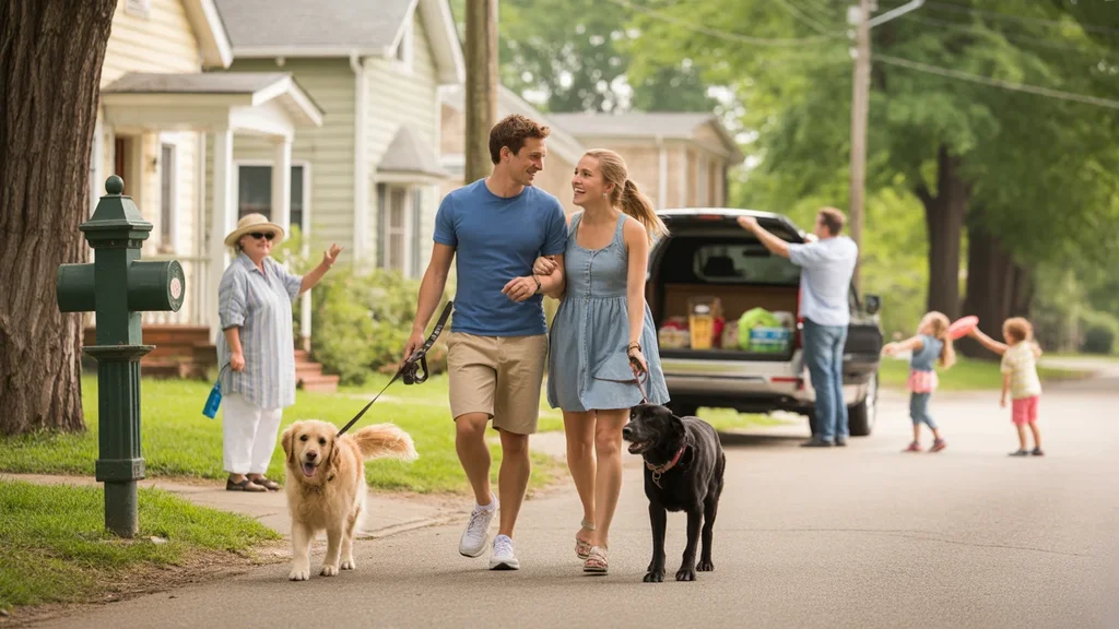 Two friends walking their dogs on a sunny day in a quiet Louisville neighborhood