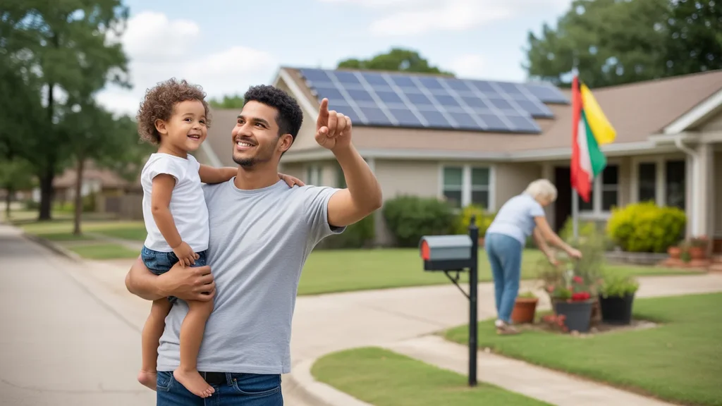 Father and daughter admiring new solar panels on their Garland home