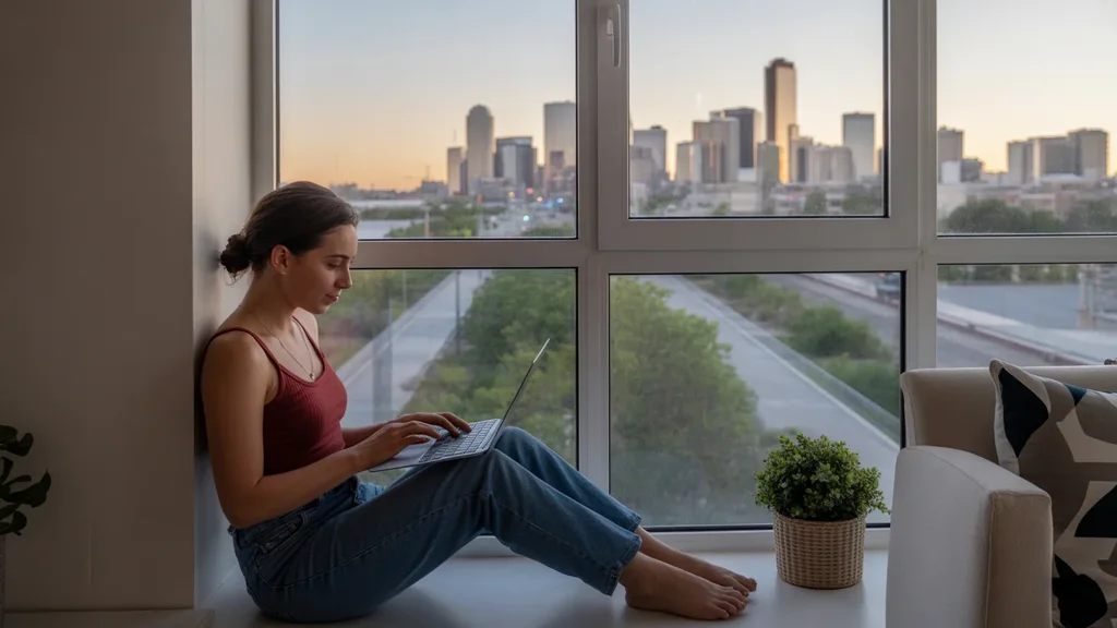 A woman works on her laptop by the window of her Lakewood apartment with the Denver skyline in view.
