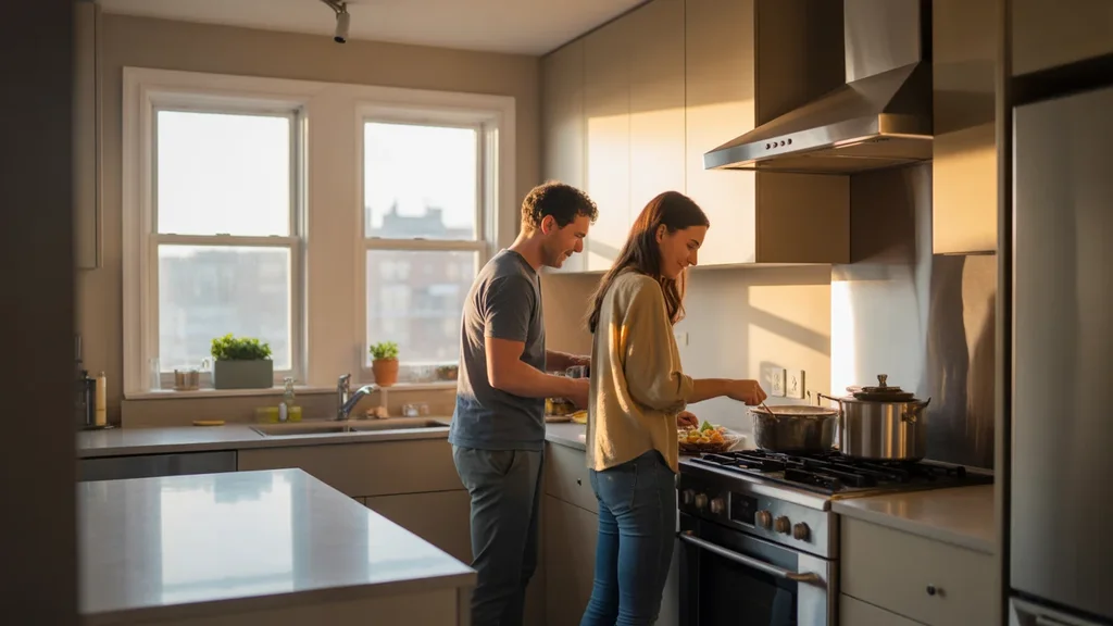 Couple cooks together in minimalist Durham apartment at sunset