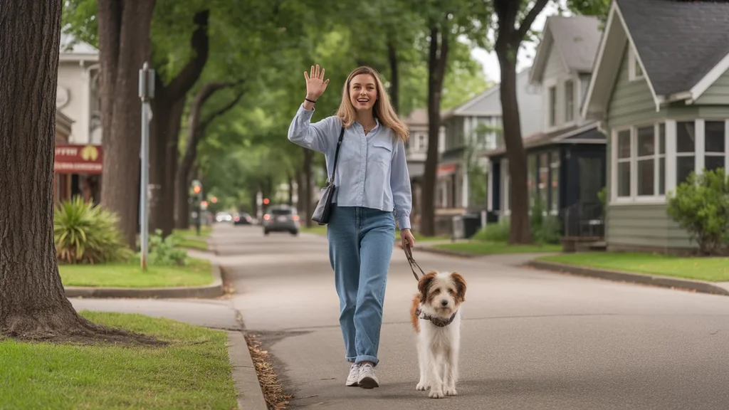 A woman walking her dog in a walkable Tigard neighborhood