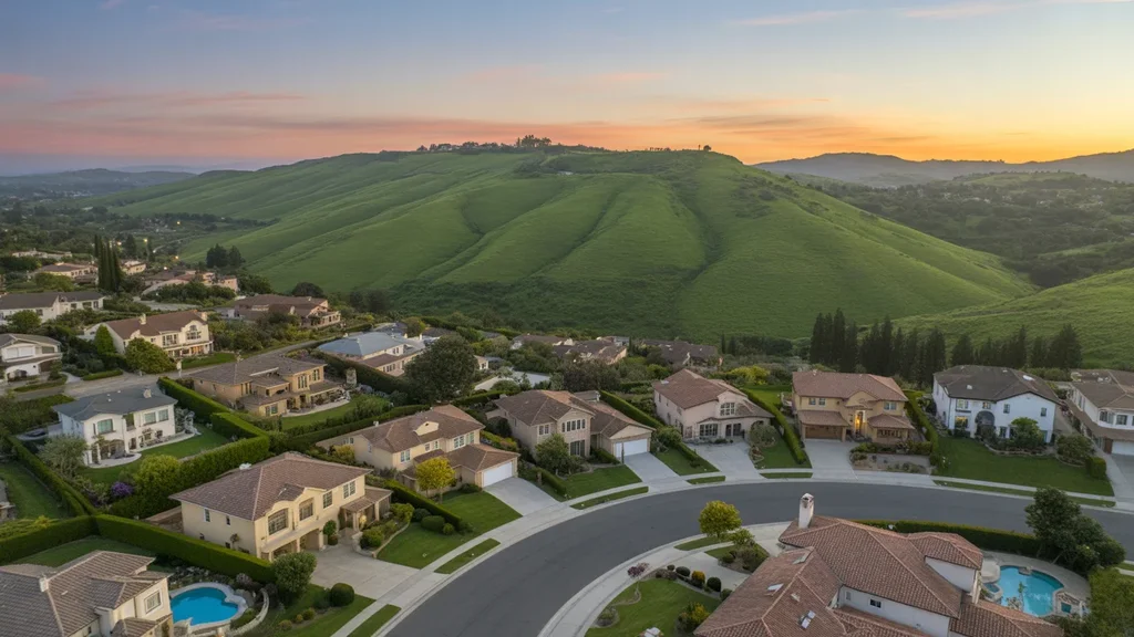 Aerial view of upscale homes in a Chino Hills neighborhood at sunset