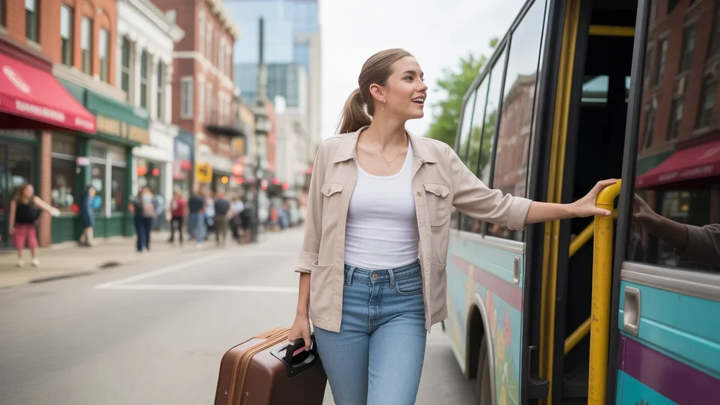 A woman arriving in Nashville by bus, ready to embrace city life.