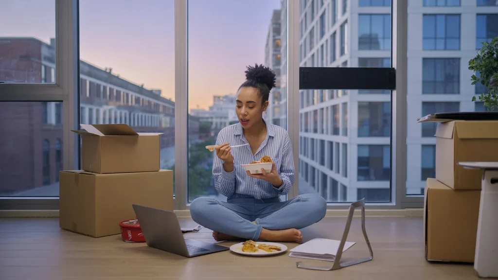 Young woman eating takeout on floor while working on laptop in her new Irving apartment.