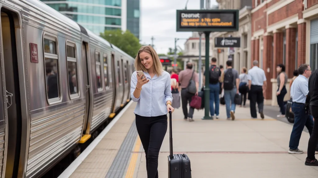 Woman with suitcase exiting DART train at Downtown Garland station
