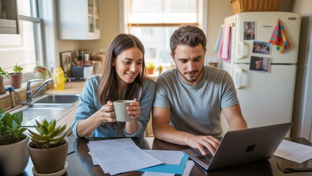 Couple reviewing monthly budget and expenses at kitchen table in Henderson apartment