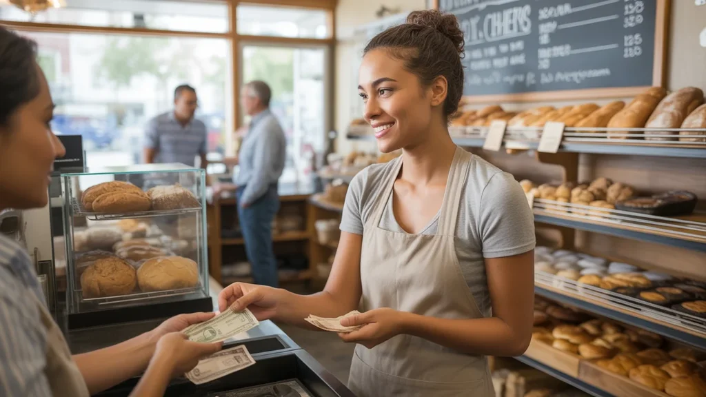 Woman paying in cash at local bakery in Spring Valley, Nevada