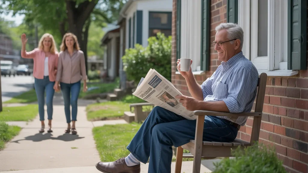 Man drinking coffee on front porch in Madison, waving to neighbors