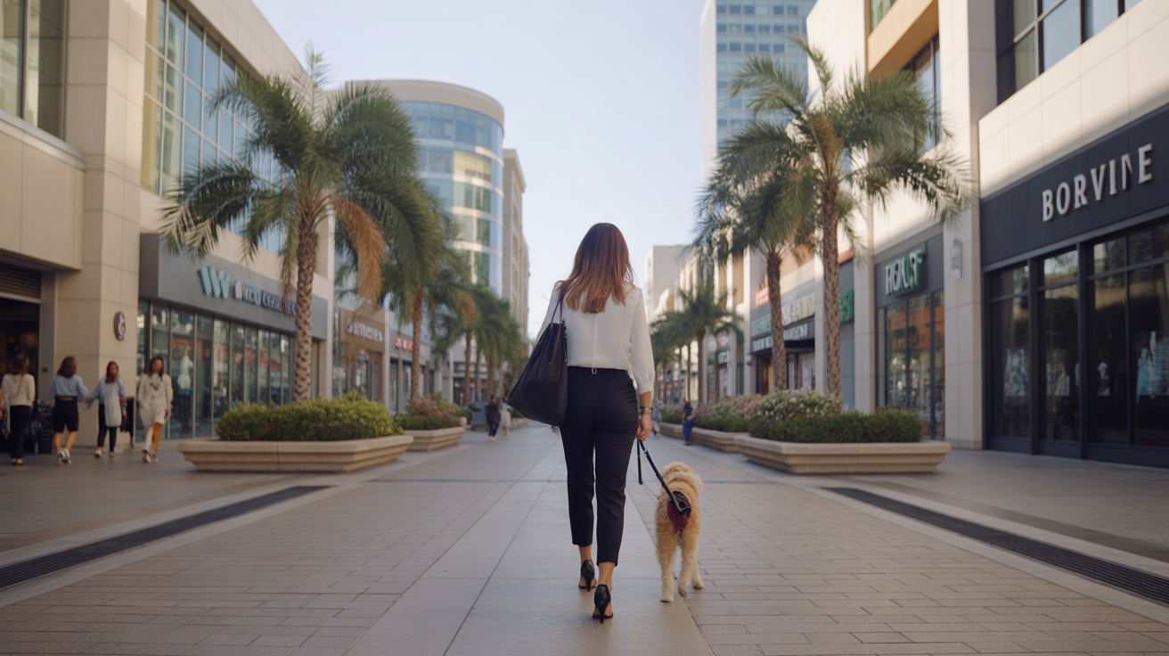A woman walks her dog through a busy shopping area in Irvine