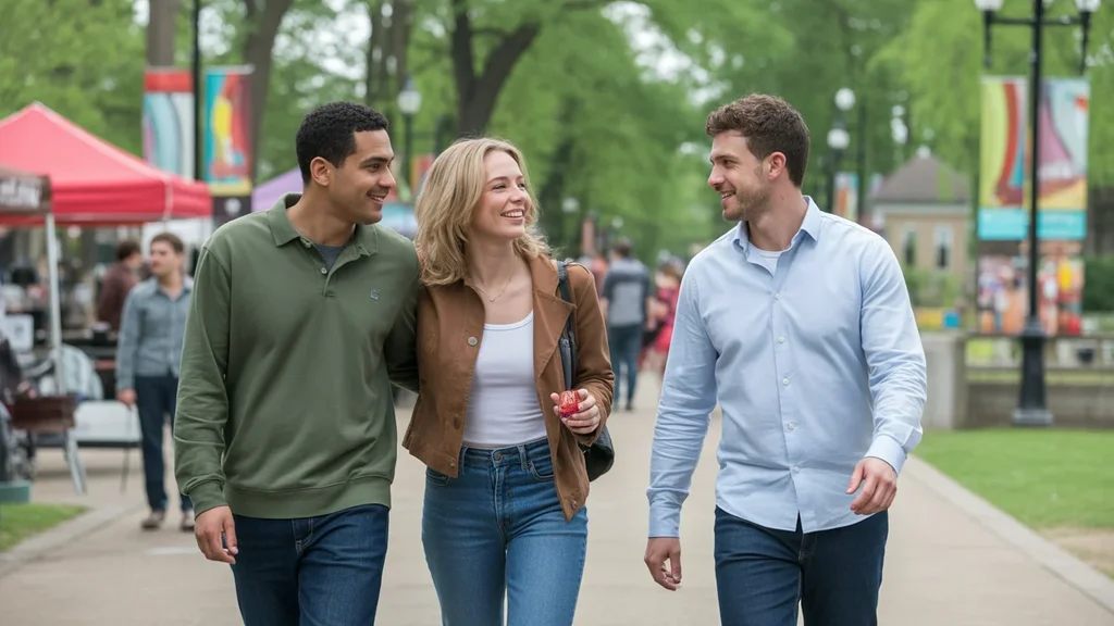 Friends enjoying a walk and conversation in a lively Lexington city park