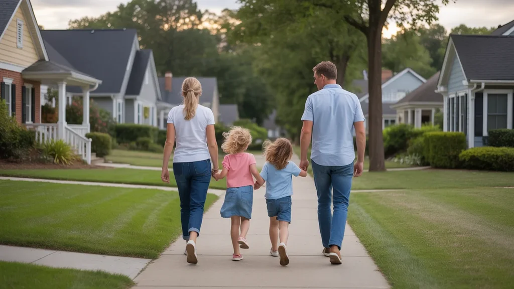 Family walking through their Raleigh neighborhood in the evening, looking happy