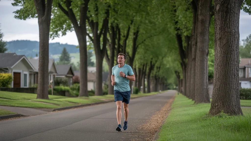 Man jogging through a suburban neighborhood in Hillsboro, Oregon