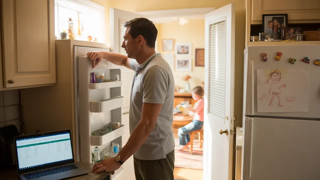 Father looking in refrigerator in kitchen of Mckinney home