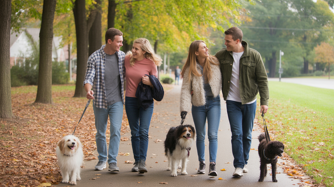Friends walking dogs together through a lively Madison park in fall