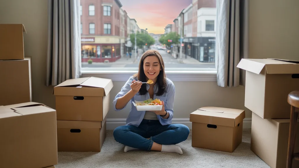 A woman eats takeout on the floor while unpacking in her new Westminster apartment