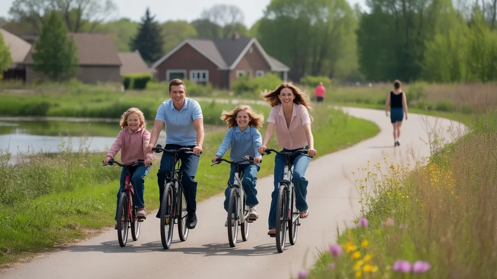 Family biking on nature trail in Bolingbrook IL