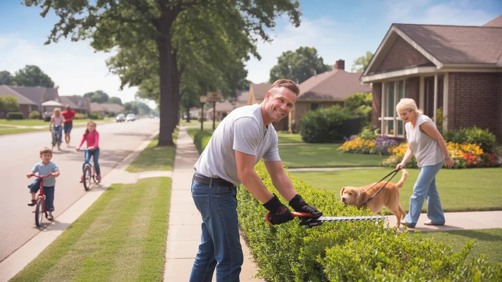 A man trimming hedges in front of his home in Moore, Oklahoma on a sunny morning while neighbors are out walking and biking.