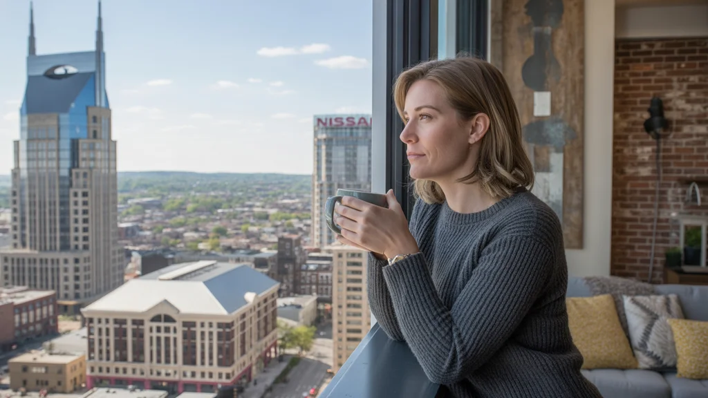 Woman looks out window of Nashville high-rise apartment with city views