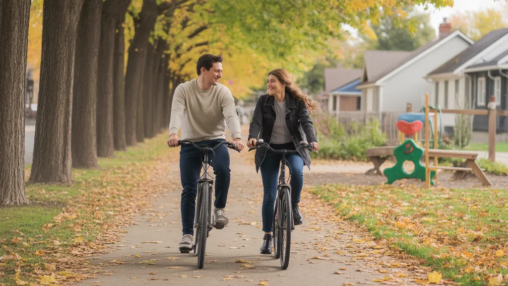 Couple biking on trail in Taylorsville UT surrounded by fall foliage