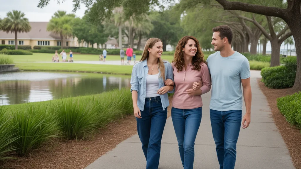 Friends enjoy a relaxing walk and conversation in a lush Kissimmee park