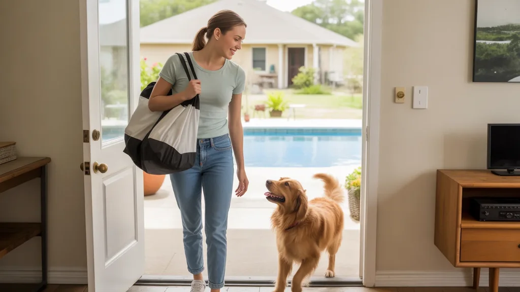 Woman with gym bag greets dog in entryway of bright, tidy New Braunfels apartment