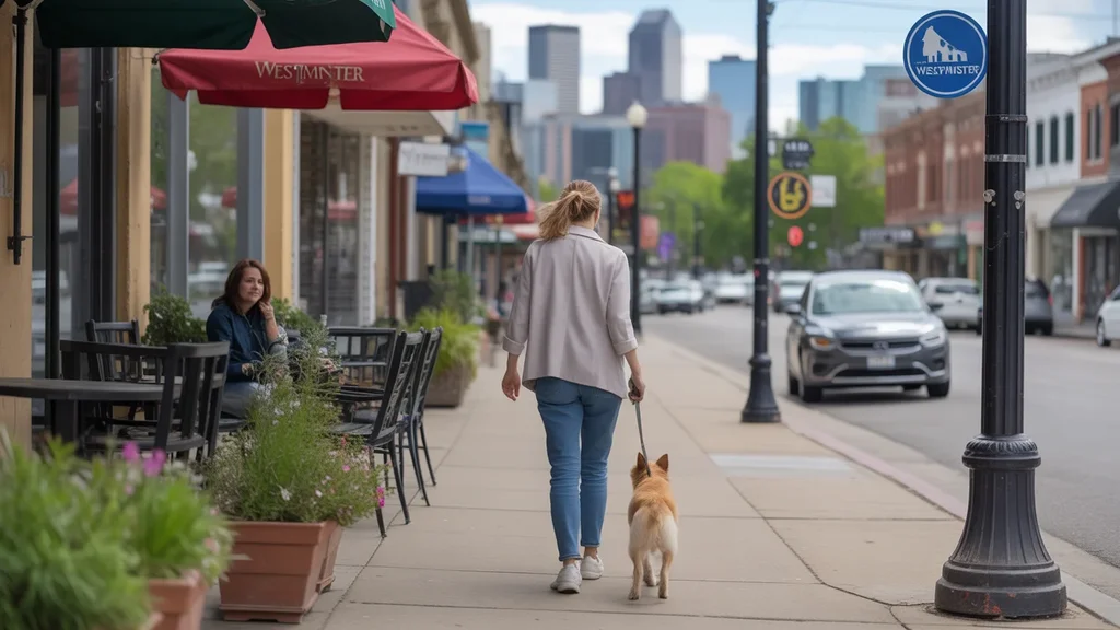 Woman walking dog on Westminster sidewalk near shops and Denver skyline