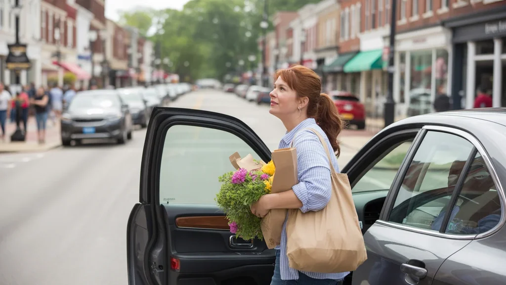 Woman with groceries on a lively Lexington, KY street with shops and eateries.