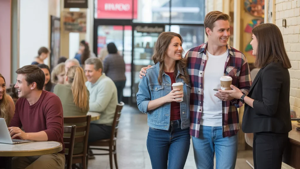 Couple orders coffee and chats with barista in lively Versailles, KY cafe